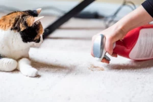 Cat looking as owner cleans carpet